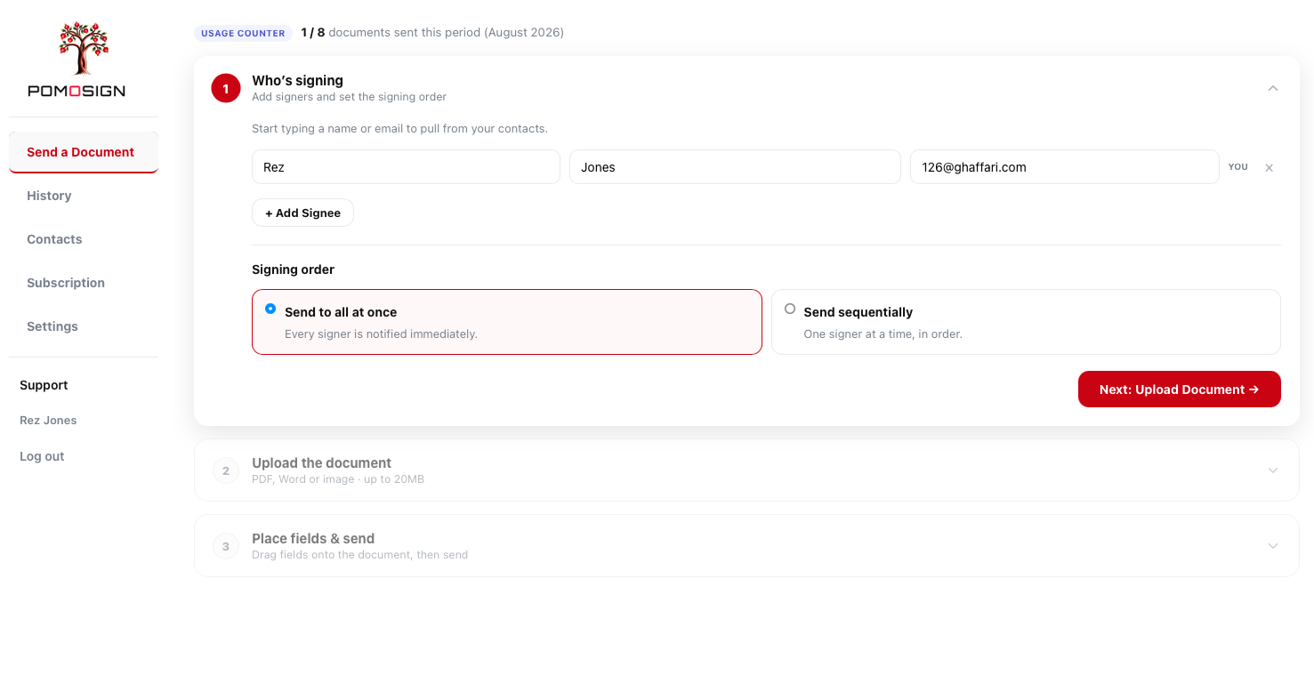 A real PomoSign document view, showing signer status and the audit trail